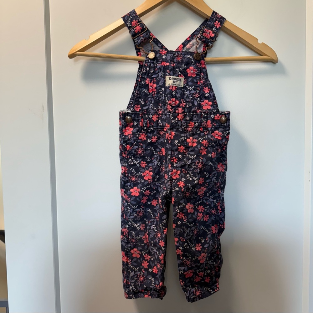 Oshkosh B'Gosh‎ Girls Navy Blue Pink Floral Overall Denim 12 Months